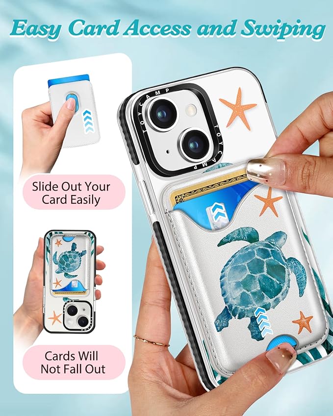 Toycamp for iPhone 14 Case, for iPhone 13 Case - Compatible with Magsafe Credit Card Holder Wallet Magnetic Cute Women Teen Girls Kawaii Girly Unique Turtles Design Phone Cover for iPhone 14/13