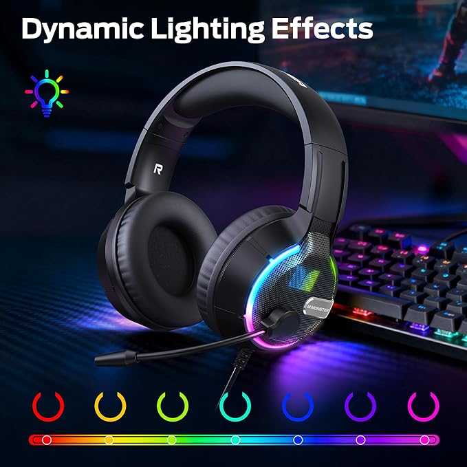 Monster Mission 320 Gaming Headset for PS5, PS4PC,Switch,Noise Cancelling Over Ear Headphones with Mic, LED Light, 7.1 Surround Sound,Gifts