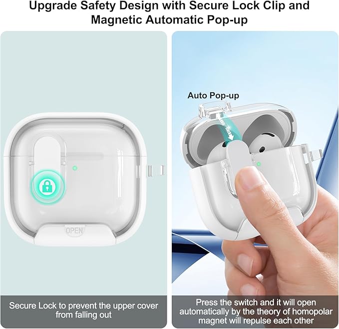 for Airpods 4 Case Clear,Secure Lock for Airpods 4th Generation Case Cover with Phone Stand and Magsafe Function,Auto Pop-up,Hybrid Protection Design with Carabiner&Cleaning Pen-White