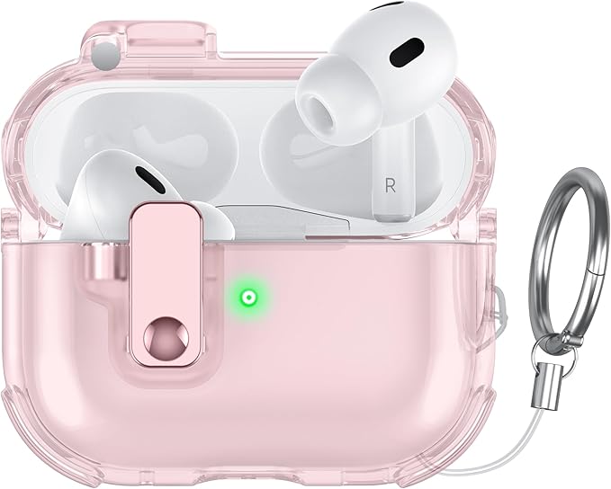 Clear Case for AirPods Pro 2 Case Cover with Lock Safety&Pop Up [Military Shockproof] Anti-Yellow Transparent Wireless Charging for AirPods Pro 2nd/1st Generation Case with Keychain,Clear Pink