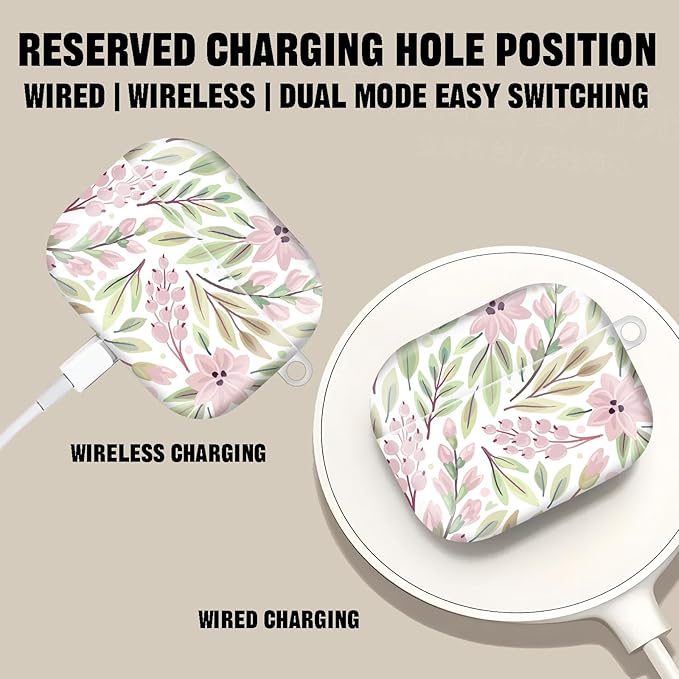 Compatible with AirPod Pro 2nd//1st Generation Case Cover with Key Chain,Full Protective Shockproof Wireless Headphone Case for Airpod Pro 2023/2022/2019（Pink Flowers）