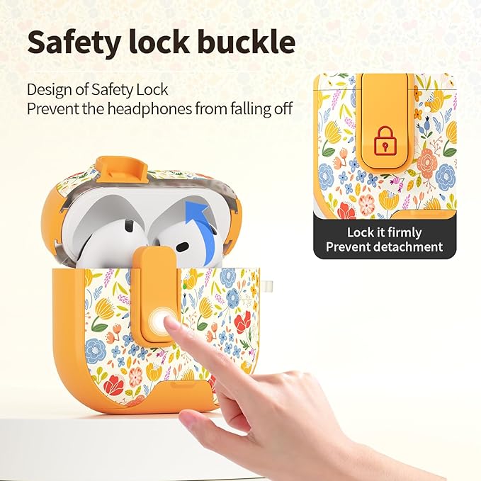 for AirPods 4 Case with Secure Lock Clip in Phone Stand,Floral Girly Style Protective Cover with Cleaning Kit and Hand Strap for Apple AirPod 4 Generation (Sunshine Petals)