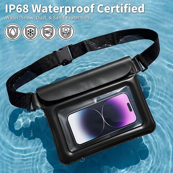 Waterproof Bag Set IPX8 2 Pcs: Black 9.8" Clear Fanny Pack & 7" Waterproof Phone Pouch, Floating Phone Case, Water Proof Dry Bag with Adjustable Strap for Beach Swim Kayak Boat Cruise Essentials