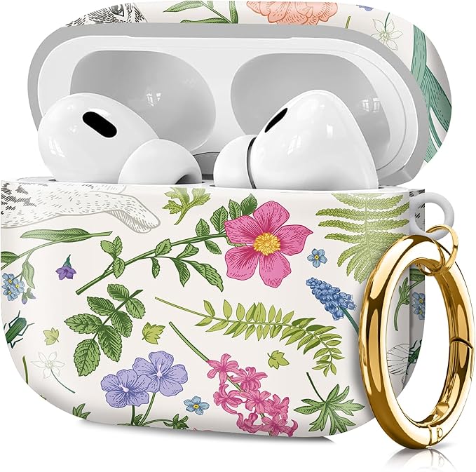 Compatible with Airpod pro 2nd/1st Generation Case Cover with Gold Round Keychain Cute Pattern Hard & Anti Slip Cover for Men Women & Girls（Cute Bunny）