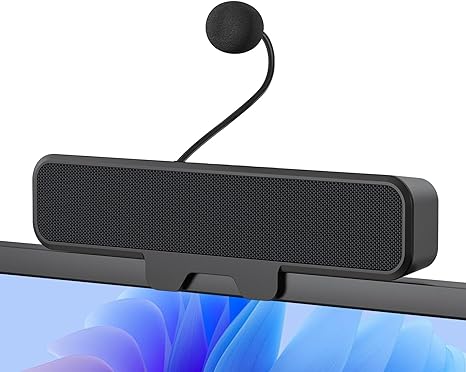 Computer Speakers with Microphone for Desktop PC, USB Monitor Speakers with Clip, Wired Laptop Sound Bar, Stereo & Bass, PC Speaker w/Mic for Meeting/Gaming/Online Learning, Easily Clamps to Monitor