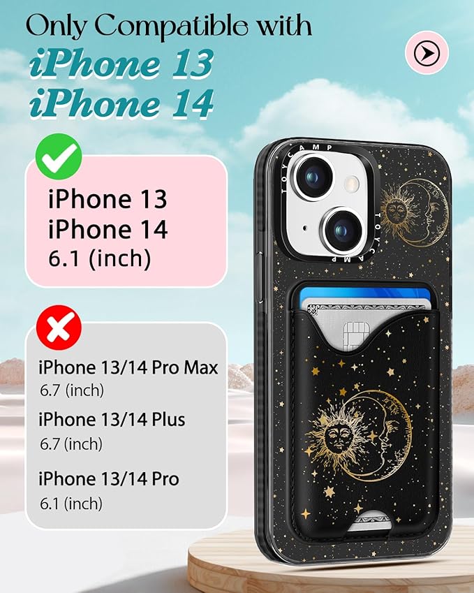 Toycamp for iPhone 14 Case, for iPhone 13 Case - Compatible with Magsafe Credit Card Holder Wallet Magnetic Cute Women Teen Girls Kawaii Girly Unique Sun Moon Design Phone Cover for iPhone 14/13