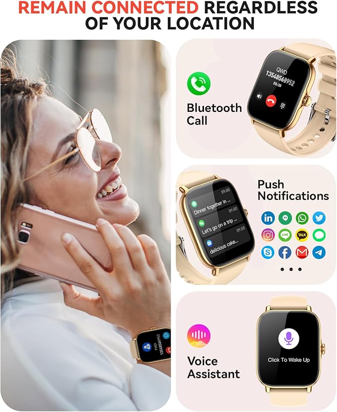 Smart Watch for Women Men- Answer/Make Call, IP68 Waterproof Fitness Step Tracker Watch with Sleep Monitor/Activity Counter/110+ Sport Mode, Smartwatch for Andriod iPhone Compatible, Gold