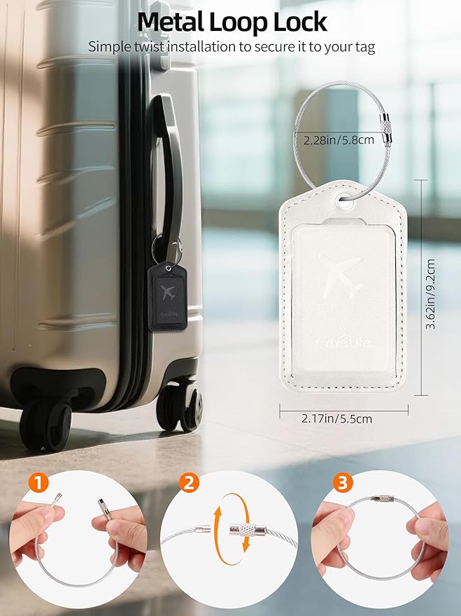 Luggage Tags, Works with Apple Find My, Leather Luggage Tag for Suitcases, Travel Tags, Bag Tag, Suitcase Tag with Privacy Flap, Anti-Lost Smart Luggage Tracker, Travel Essentials, White