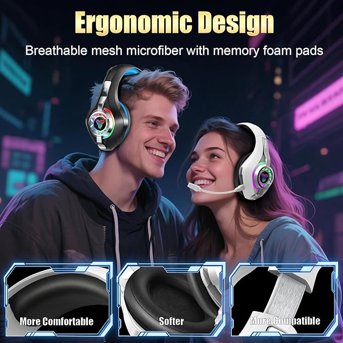 Ordtop 2.4GHz Wireless Gaming Headsets for PS5/PS4/Switch, 2026 RGB Noise Cancelling Headphones with Mics, 7.1 Surround Sound, 40mm Drivers, 276g Ultraligero, Memory Foam, 45H Gaming Headphones
