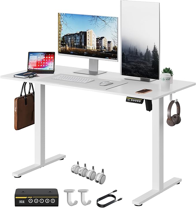 Electric Standing Desk48 x24 Adjustable Height Stand Up Desk with Lockable Wheels Ergonomic Sit Stand Desk for Work Office Home Computer Workstation (White)