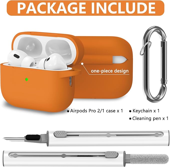 Ljusmicker for AirPods Pro Case Cover with Cleaner Kit,Soft Silicone Protective Cases for AirPod Pro 2nd/1st Generation for Women Men,AirPods Pro 2 Case Accessories with Keychain-Orange