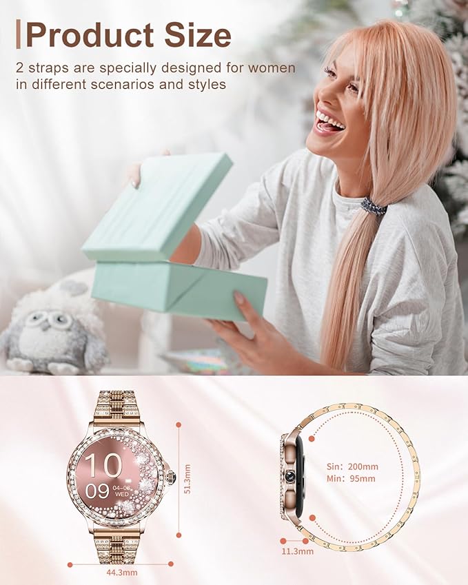 Smart Watches for Women(Make/Answer Call) with Diamond:1.3" Fitness Tracker Watch for HR/Blood Pressure/SpO2/Sleep Monitor,Digital Running Watches for Women Android/iOS, 2 Straps