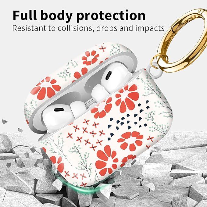 Compatible with Airpod pro 2nd/1st Generation Case Cover with Gold Round Keychain Cute Pattern Hard & Anti Slip Cover for Men Women & Girls（Abstract Plant）
