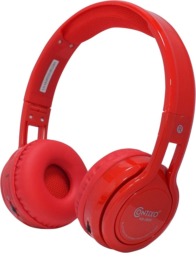 Contixo KB-2600 Over Ear Headphones - Wireless Bluetooth Headphones Kids Safe - 85dB with Volume Limited with Long Lasting Battery - Built-in Mic - Micro SD Card Slot - FM Stereo Radio (RED)