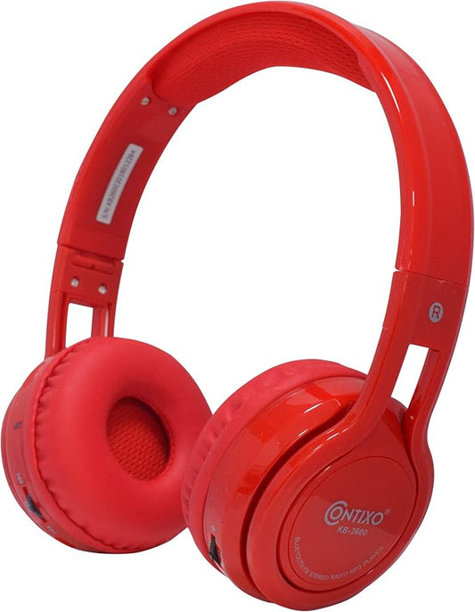 Contixo KB-2600 Over Ear Headphones - Wireless Bluetooth Headphones Kids Safe - 85dB with Volume Limited with Long Lasting Battery - Built-in Mic - Micro SD Card Slot - FM Stereo Radio (RED)
