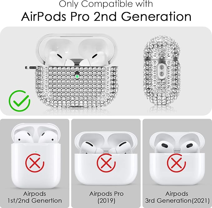 Case for AirPods Pro 2nd Generation, Filoto Cute AirPod Pro 2 Protective Case Cover for Women Girls, Bling Crystal PC Apple Air Pods Pro Cases Accessories with Lobster Clasp Keychain, Silver