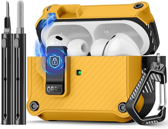 Compatible with AirPods Pro 3 Case,Magnetic Automatic Lock with Cleaning Kit,Compatible with Magsafe,Carbon Fiber Texture Cover-Yellow