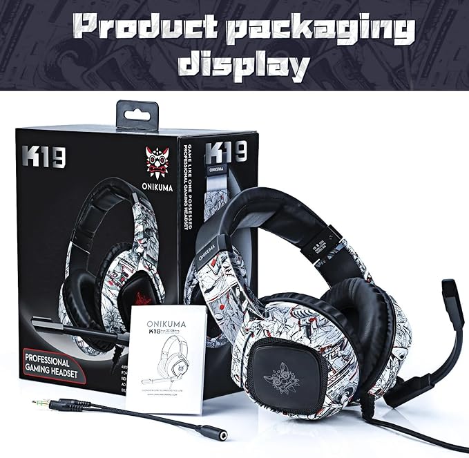 ONIKUMA K19 Gaming Headset, Stereo Bass Surround Headset LED RGB 3.5mm Headphone for PS4 Xbox One Nintendo Switch PC PS3 Mac, Noise Cancelling Mic LED Light, Designed Technically for Gamer