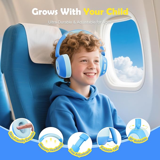 Steellumen Nova1Star Active Noise Cancelling Headphones for Kids, 70H Play Time,Bluetooth6.0,3-Level Volume 75/85/94dB,ANC Safe Wireless Listen, Fast Charging,with Mic,for School,Travel & Airplane