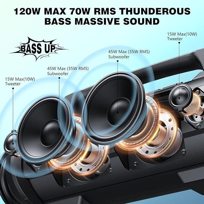 W-KING Portable Bluetooth Speaker with Wireless Microphone, 120W Peak 70W RMS Waterproof Speakers with Subwoofer Outdoor Speakers Bluetooth Boombox/42H/Bass Up/DSP/AUX/Stereo Pairing