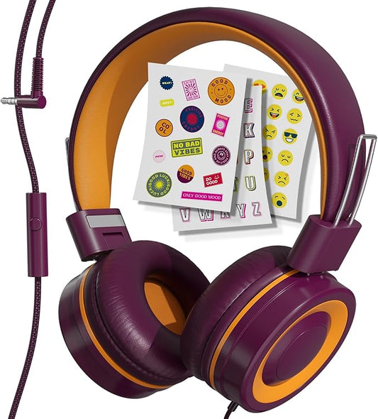 Kids Headphones with Cord, Foldable Over Ear Headphones for Kids with Microphone, Tangle-free Wired 85dB Safe Volume Toddler Headphones for iPad, School, and Airplane – Maroon