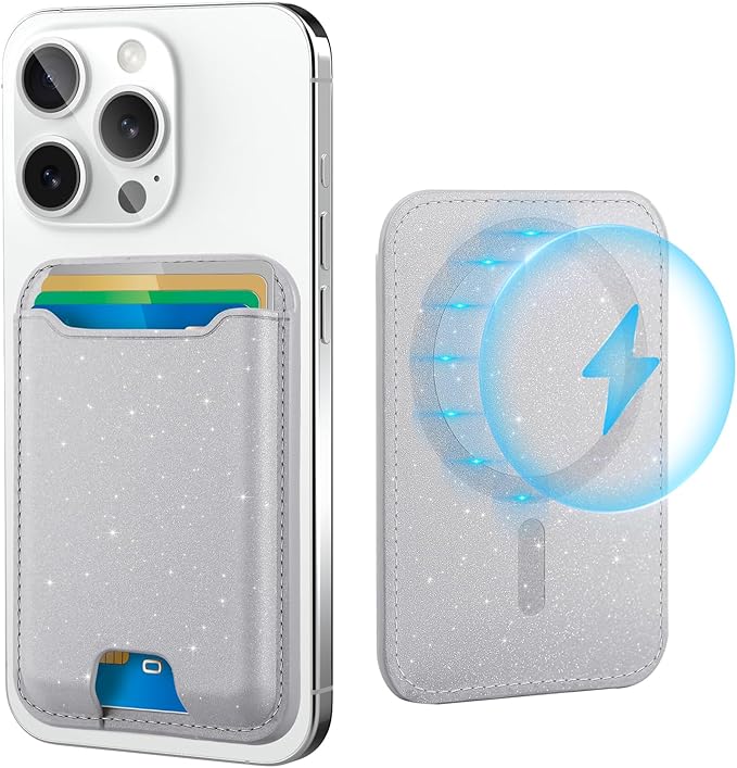 TopMade for Magsafe Wallet, Sparkle Magnetic Card Holder for iPhone 17, iPhone 16/15/14/13/12 Series, Leather Magnetic Phone Wallet with Powerful Magnet, RFID Blocking, Fit 4 Cards, Glitter Gray