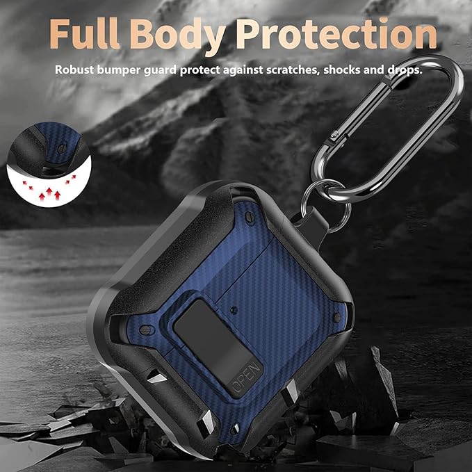 for Airpods 4 Case with Lock Clip, Rugged Apple Airpods 4th Generation Cover 2024 Men Women, Armor Shockproof iPod 4 Gen Protective Hard Shell with Carabiner&Cleaner kit,Black/Blue