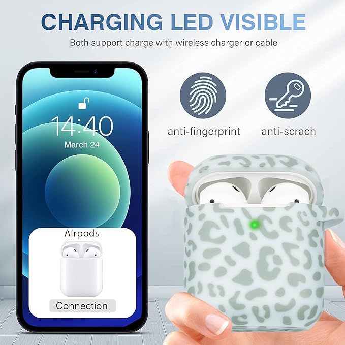 Leopard Silicone Compatible with Airpods Case, Gawnock Soft Cover Flexible Compatible with Airpods 2nd/1st Generation Floral Print Cover for Women Girls with Keychain - Light Green Leopard Cheetah