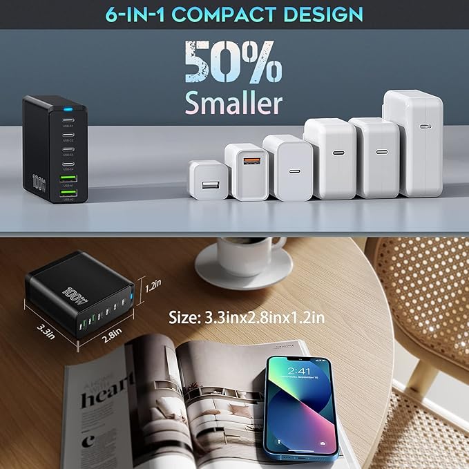 Fast USB C Charging Station, Total 100W 6-Port Charger Block with 4 USB-C and 2 USB-A Ports Quick 3.0 Adapter Work for iPhone 16 15 14 13 Pro Max, iPad, Galaxy, Pixel Portable Multiport Hub (Black)