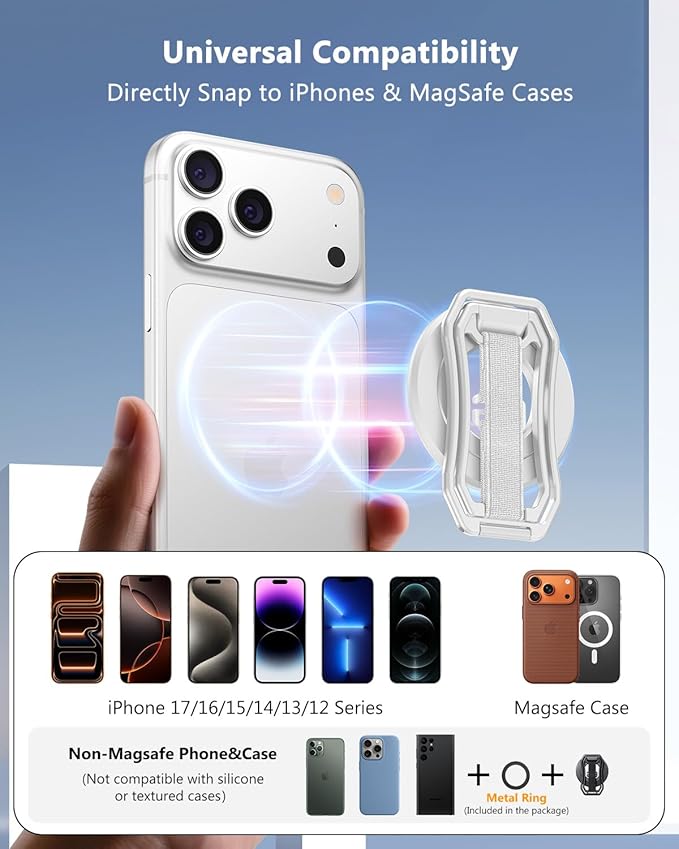 Oerwin for Magsafe Phone Grip Stand, 6-in-1 Magnetic Phone Holder for Magsafe Kickstand, 360° Rotation Phone Ring Holder with Elastic Strap, Compatible with iPhone 17/16/15/14/13/12 Series & Android