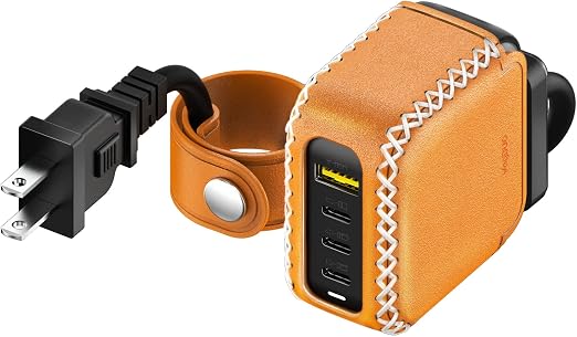 VogDUO 100W Table Extention Charger - 4 USB C Ports Foldable Plug GaN PD Fast Charging Power Adapter with Leather 5ft Extension Cable for MacBook Air, iPad Pro, Air, MagSafe Chargers, (Tan, Brown)