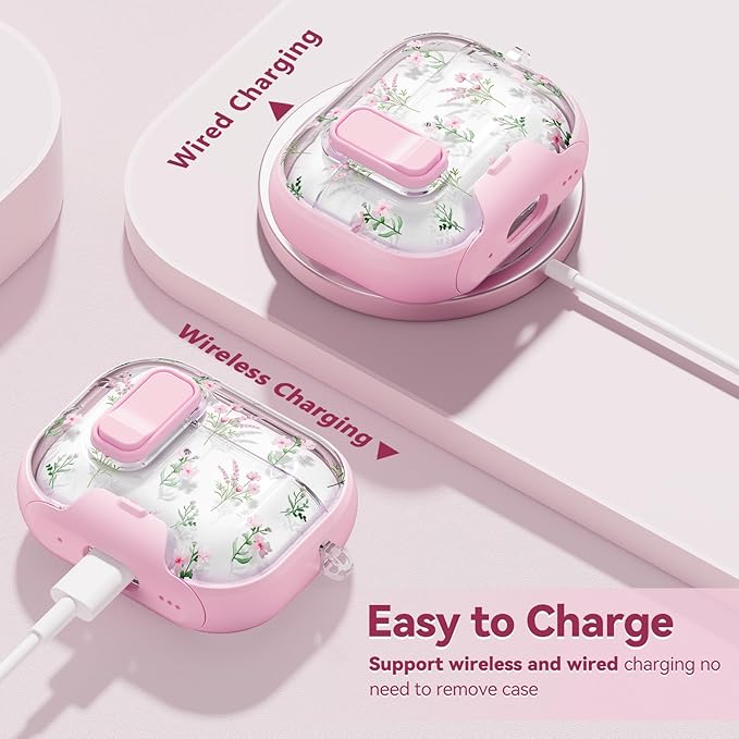 with Safety Lock for AirPods Pro 2nd 1st Generation Case Cover,Clear Floral Cute AirPods Pro 2 Case with Phone Stand & Cleaning Kit for AirPod Pro Case for Women Girly-Pink Narcissus