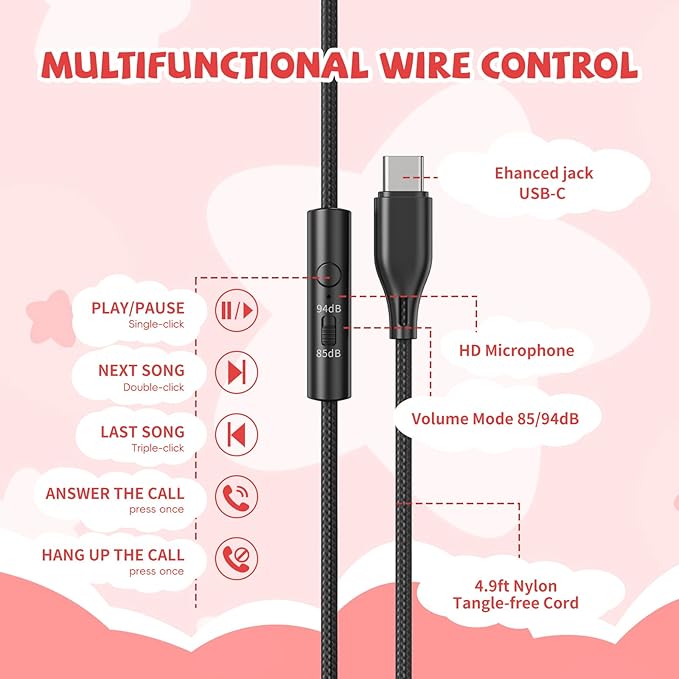 Kids Headphones Wired with USB C Plug, 85/94 dB Volume Limit Foldable USB Type C Headphones for Kids Boys Girls, Plug in Headphones Corded Over Ear Wired Headphones for School/Tablet/Travel, Black Red