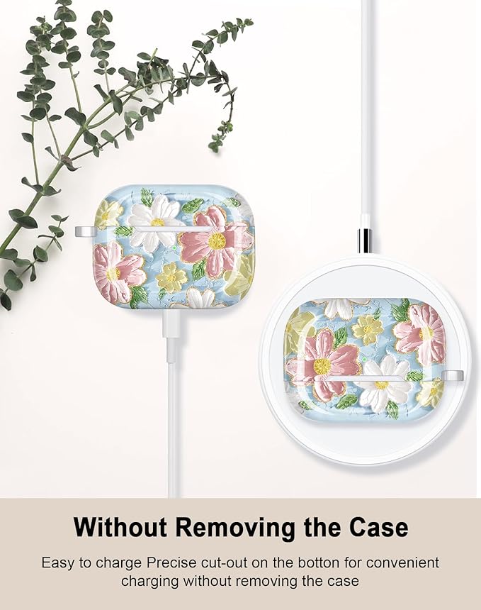 JIAXIUFEN Compatible with AirPods Pro 2 Gen/1 Gen Case Cover Retro Oil Painting Printed Flower Protective TPU Skin Accessories for Women Girl Blue Pink