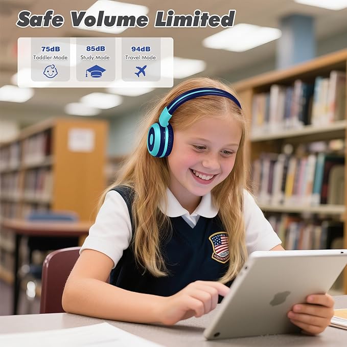 SIMOLIO Kids Bluetooth Headphones with Microphone and 75dB,85dB,94dB Volume Limit, Foldable Lightweight & Adjustable, Wireless Headphones for Kids Boys Girls Children Tablet iPad Blue