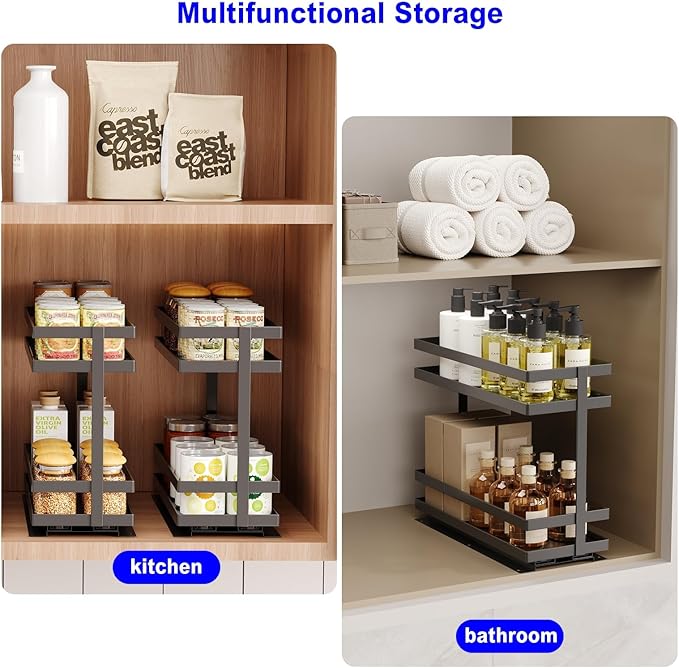 Pull Out Spice Rack Organizer for Cabinet, 1 Pack Metal Seasoning Organizer Slide Out Spice Storage Shelf No Assembly Vertical Spice Rack Pullout for Kitchen Cabinets(2 Tier, Matte Black)