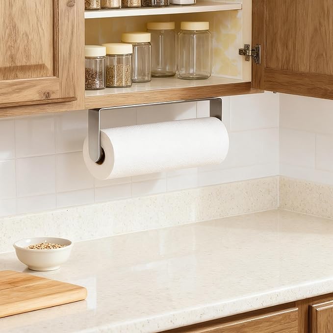 YIGII Paper Towel Holder Under Cabinet – Self Adhesive or Drilling, Wall Mount Paper Roll Holder for Pantry, Bathroom, RV, Stainless Steel Papertowel Holders
