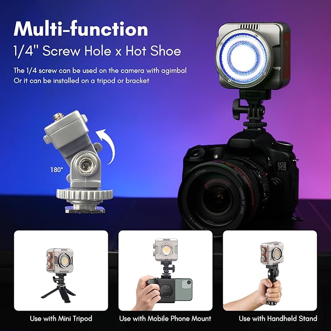 Tolifo Palm-Sized 40W RGB LED Photo Video Camera Light with Built-in Battery, Coldshoe, Diffusor and 60° Lenst, Full Color 2700K-6500K CRI97+/TLCI98+ 20 Scenes for Tiktoker, Vlogger and Streamer