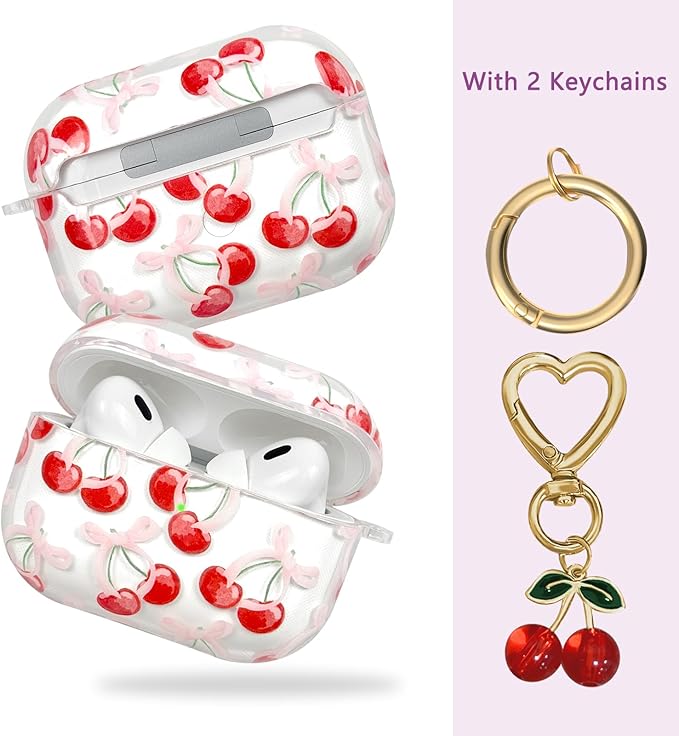 Compatible with AirPods Pro 2 Case Cover 2022, Soft TPU with Cute Flower Pattern for AirPods Pro 2nd/1st Generation Case with Flower Keychain and Carabiner for Girls Women (Cherry)