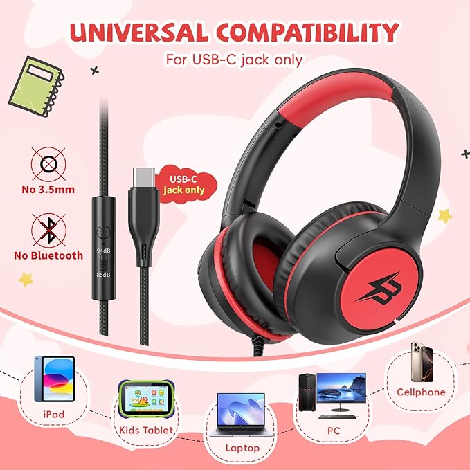 Kids Headphones Wired with USB C Plug, 85/94 dB Volume Limit Foldable USB Type C Headphones for Kids Boys Girls, Plug in Headphones Corded Over Ear Wired Headphones for School/Tablet/Travel, Black Red