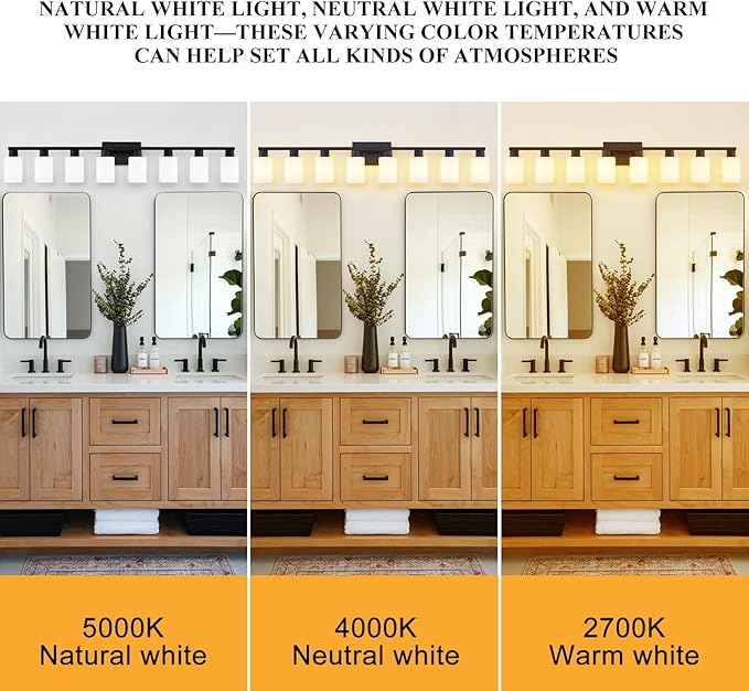 8 Light Bathroom Vanity Light, Black 8-Light Bathroom Light Fixtures, Vanity Lights for Bathroom with Milky White Frosted Glass Shades, Lighting Fixtures Over Huge Mirror, Wall Lamp for Living Room