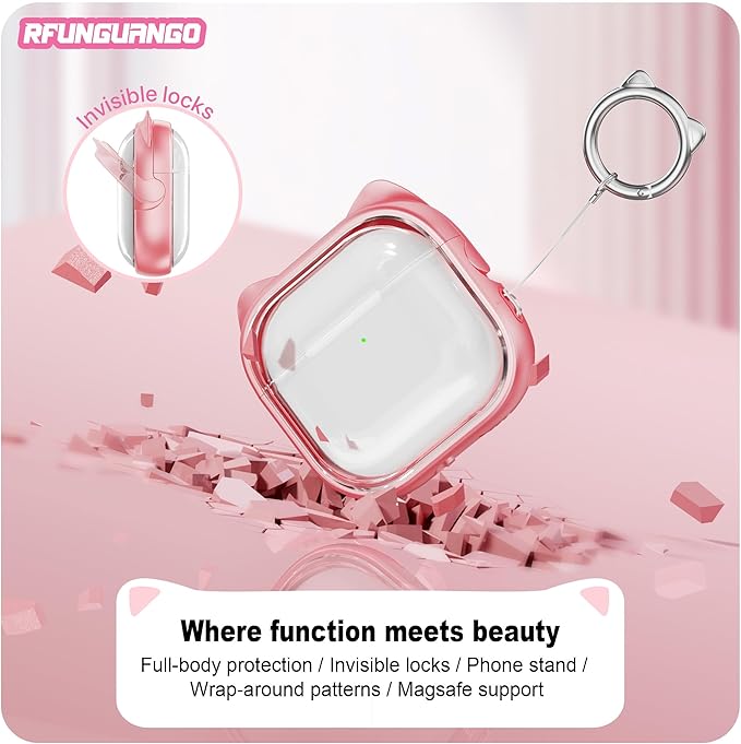 RFUNGUANGO AirPods 4 Case for Women Girly Cat Case with Lock, Phone Stand,Keychain & Cleaner Kit, Compatible with Apple Airpods 4th Generation Case Cover, Transparent Pink