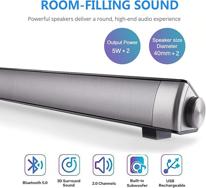 TOPROAD Sound Bar | Soundbar Wired and Wireless Bluetooth 5.0 Speaker | Built in Mic | for Cell Phone/Tablet/Projector and Support TV with AUX/RCA Output