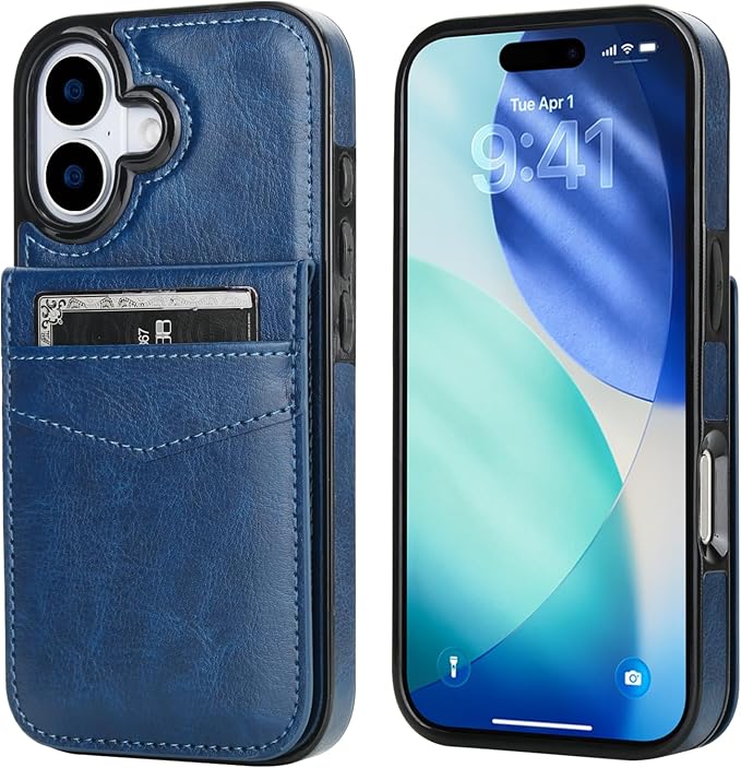 KIHUWEY Compatible with iPhone 17 Case Wallet with Credit Card Holder, Flip Premium Leather Magnetic Clasp Kickstand Heavy Duty Protective Cover for iPhone 17 6.3 Inch (Blue)