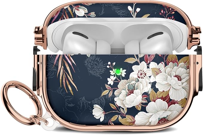 Maxjoy for Cute Airpods Pro 2 case with Safety Lock,Compatible Airpods Pro Case 2nd/1st Gen,Compatible White Flowers AirPods Case Cover for Women Girly with Keychain-Drak Blue