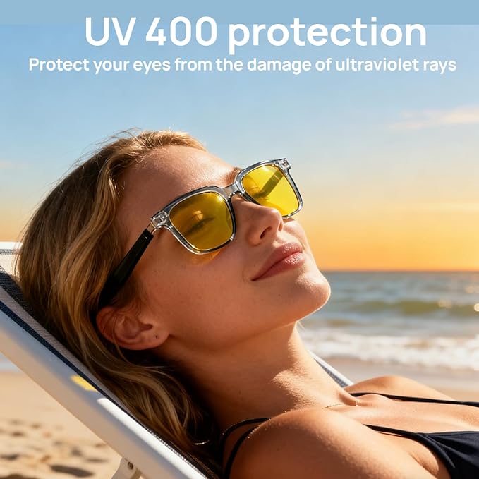 Smart Bluetooth Glasses, Sunglasses with UV and Blue Light Protection, AI Real-time Translation with 140 Languages, Touch Control, Music & Call for Athletic/Outdoor, Unisex (Yellow)