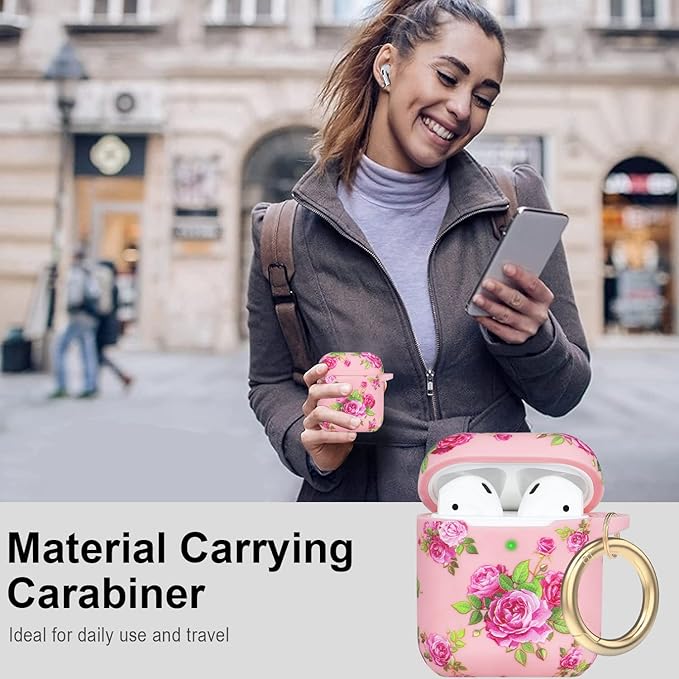 Flower Silicone Compatible with Airpods Case, Gawnock Soft Case Cover Flexible for Compatible with Airpods 2nd/1st Generation Floral Print Cover for Women Girls with Keychain - Pink Flower