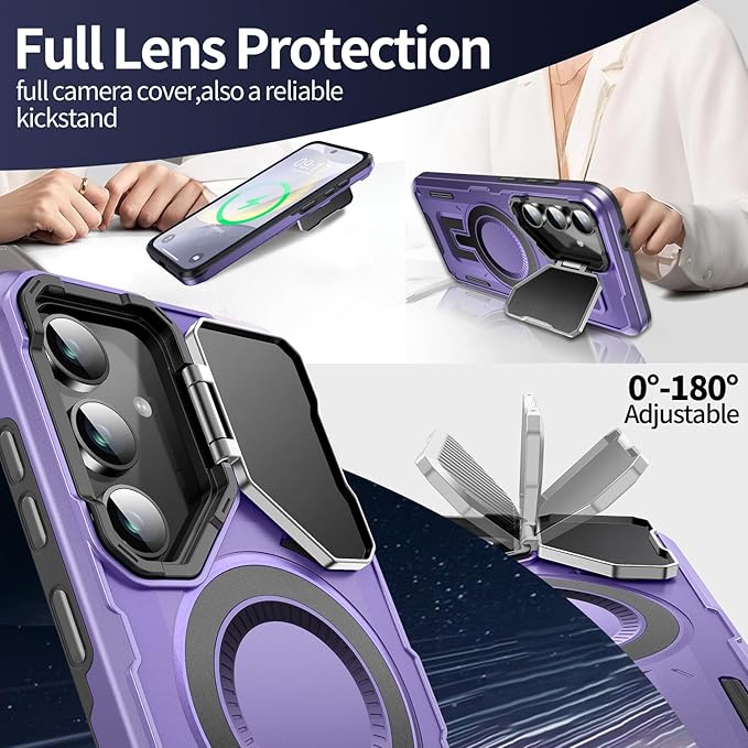 Camera Stand Case for Galaxy S24 FE, [Compatible with MagSafe][Lens Cover] 2024 Version Military Grade Protective Soft Case for Samsung Galaxy S24 FE 6.7" Men Women, Purple
