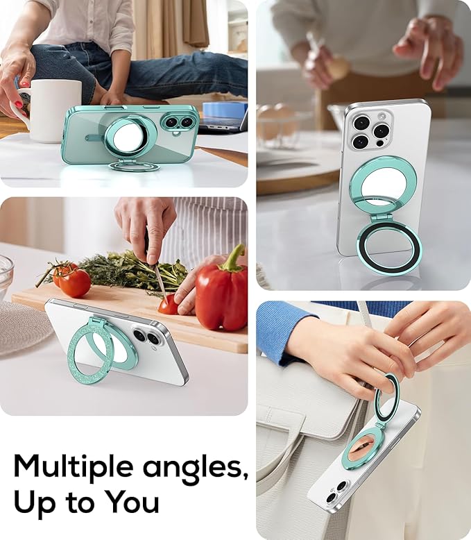 Upgraded Magnetic Phone Ring Stand Built in Mirror for Magsafe, [Electroplated & Glitter], Phone Ring Holder Grip Kickstand for iPhone 17 Pro Max 16 15 14 13 12 Series for Girl Women, Teal