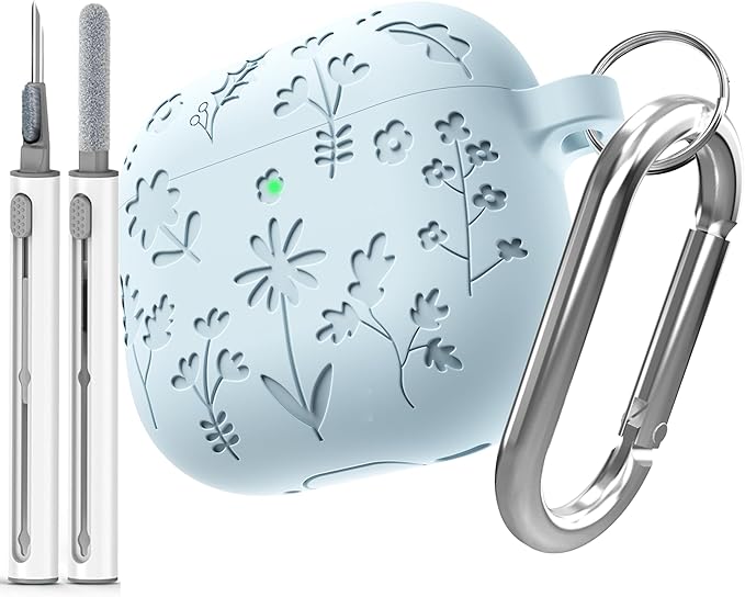 DamonLight Flora Engraved Case for AirPods 4 with Active Noise Cancellation Cover Shockproof Protective Soft Silicone Case with Cleaning Pen and Keychain for Apple Airpods 4th Generation (Blue)